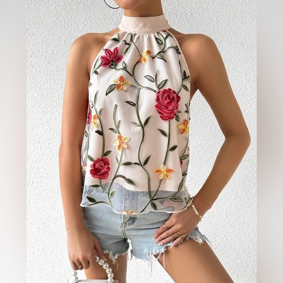 NIP-Floral Embroidered Mesh Halter Top - Picture 2 of 4